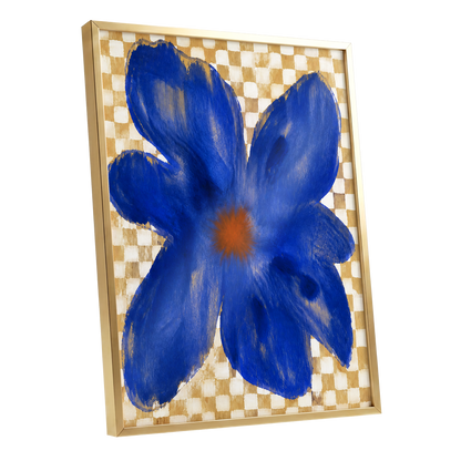 Cobalt Chequer Bloom, blue, beige, white floral wall art shown as a gold framed poster wall art print