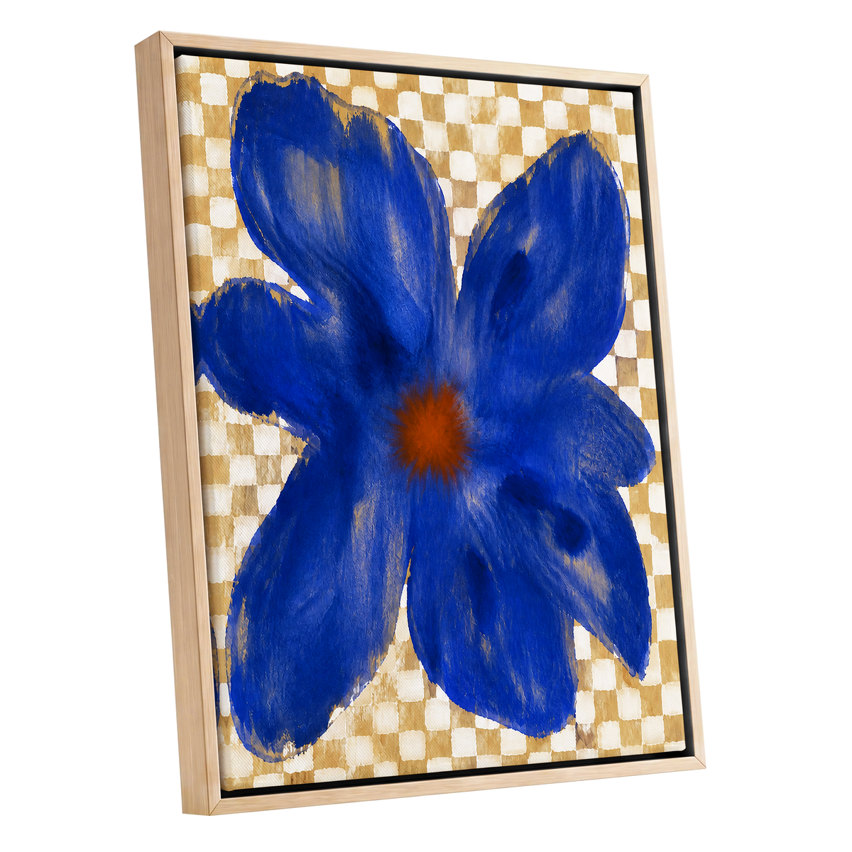 Cobalt Chequer Bloom, blue, beige, white floral wall art shown as a oak framed canvas wall art