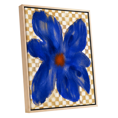 Cobalt Chequer Bloom, blue, beige, white floral wall art shown as a oak framed canvas wall art