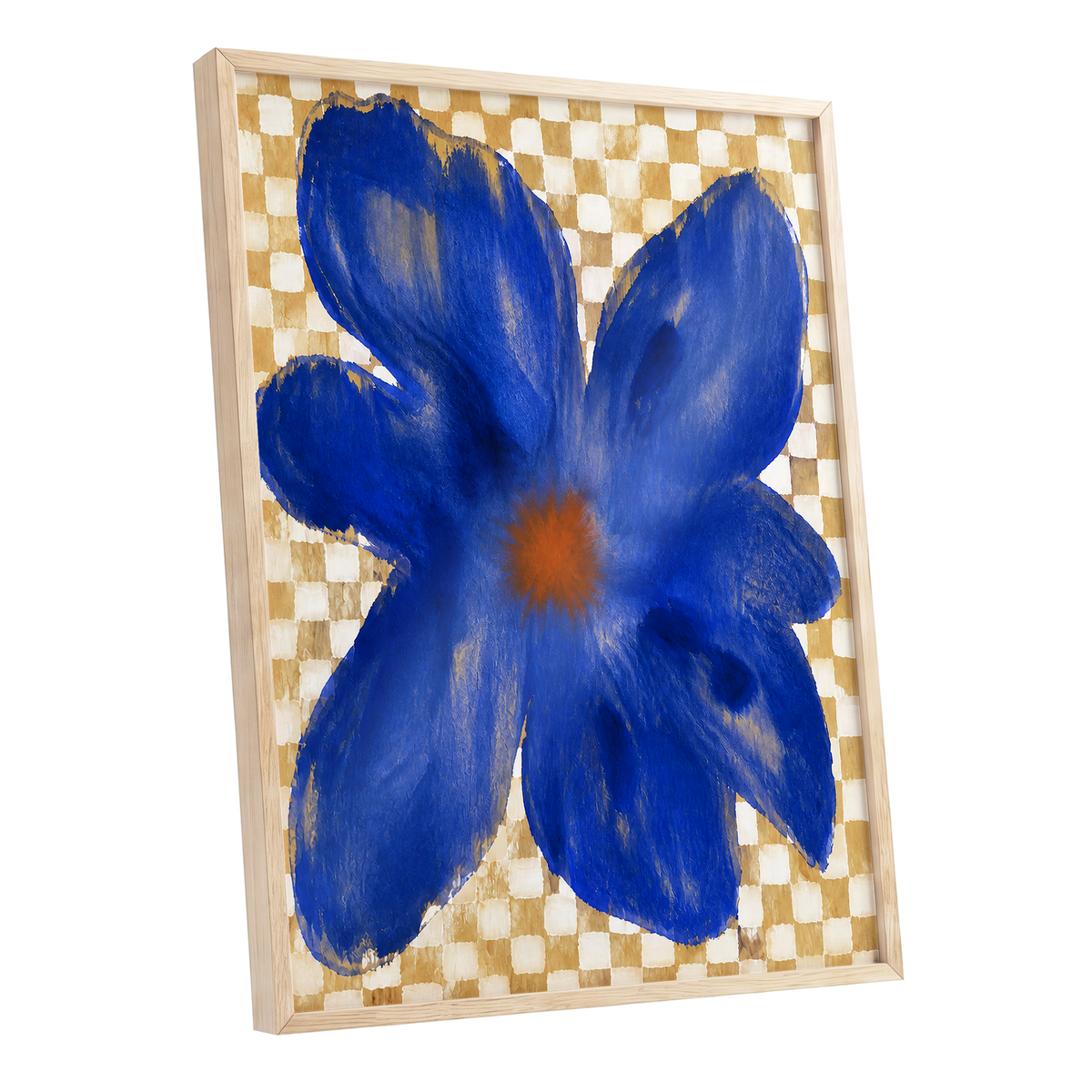 Cobalt Chequer Bloom, blue, beige, white floral wall art shown as a oak framed poster wall art print