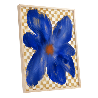 Cobalt Chequer Bloom, blue, beige, white floral wall art shown as a oak framed poster wall art print