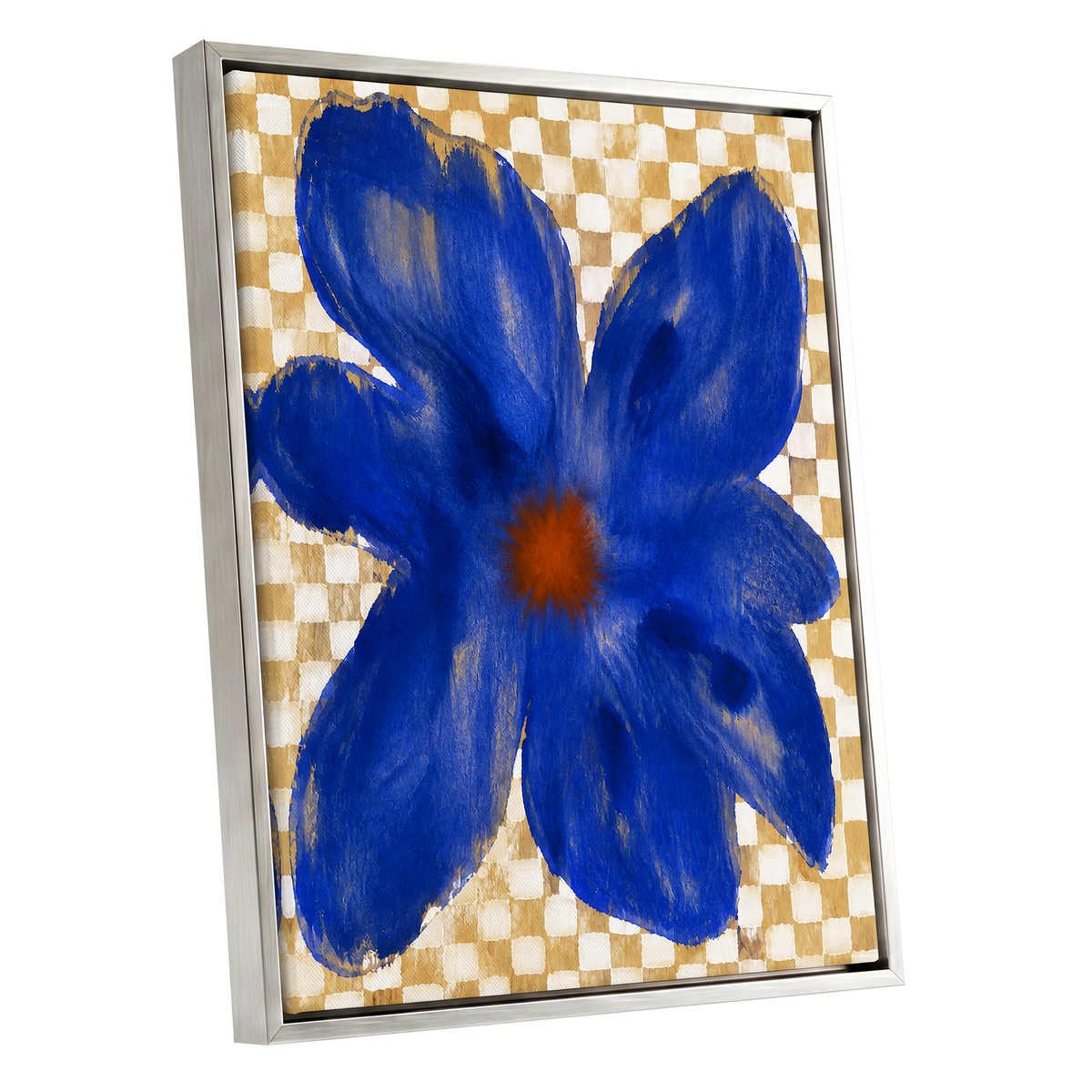 Cobalt Chequer Bloom, blue, beige, white floral wall art shown as a silver framed canvas wall art