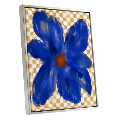 Cobalt Chequer Bloom, blue, beige, white floral wall art shown as a silver framed canvas wall art
