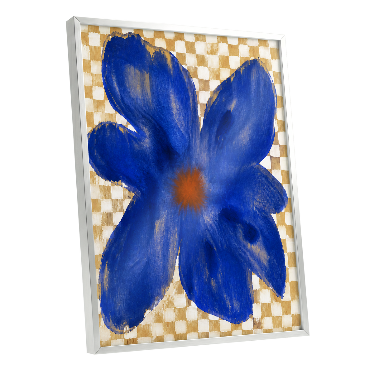 Cobalt Chequer Bloom, blue, beige, white floral wall art shown as a silver framed poster wall art print