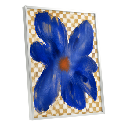 Cobalt Chequer Bloom, blue, beige, white floral wall art shown as a silver framed poster wall art print