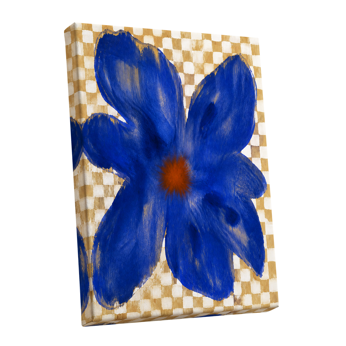 Cobalt Chequer Bloom, blue, beige, white floral wall art shown as a stretched canvas wall art