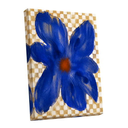 Cobalt Chequer Bloom, blue, beige, white floral wall art shown as a stretched canvas wall art