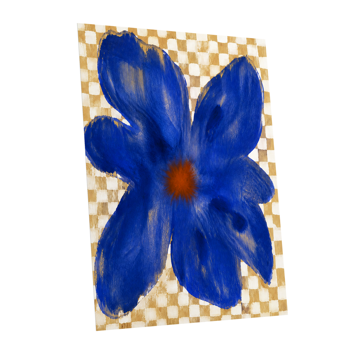 Cobalt Chequer Bloom, blue, beige, white floral wall art shown as a unframed poster wall art print
