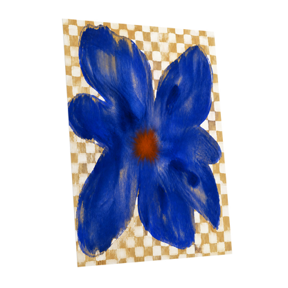 Cobalt Chequer Bloom, blue, beige, white floral wall art shown as a unframed poster wall art print
