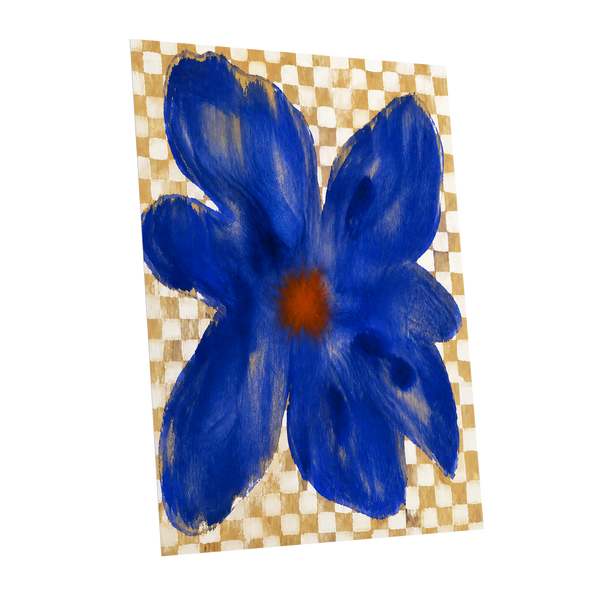 Cobalt Chequer Bloom, blue, beige, white floral wall art shown as a unframed poster wall art print