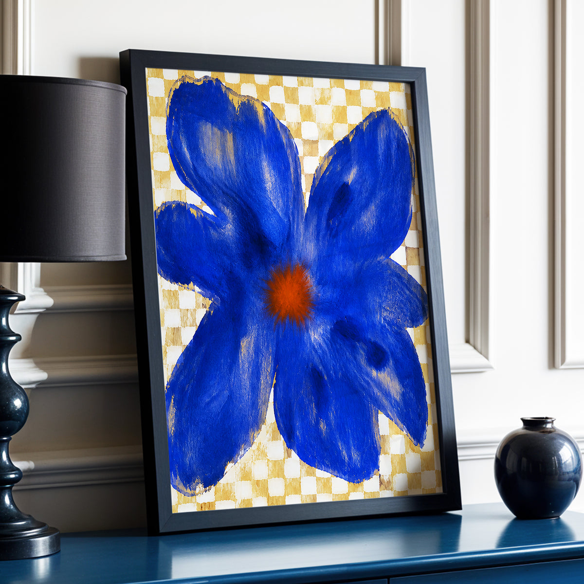 Cobalt Chequer Bloom, blue, beige, white floral wall art displayed in a styled interior, gallery view 2