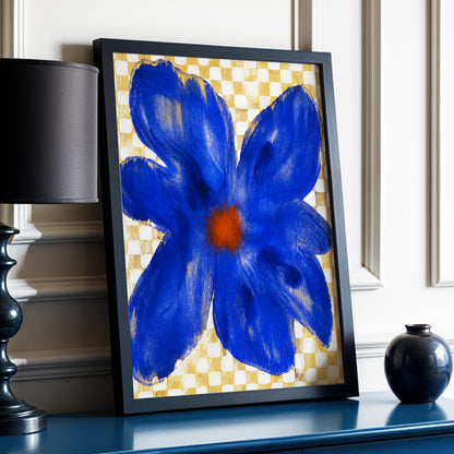 Cobalt Chequer Bloom, blue, beige, white floral wall art displayed in a styled interior, gallery view 2