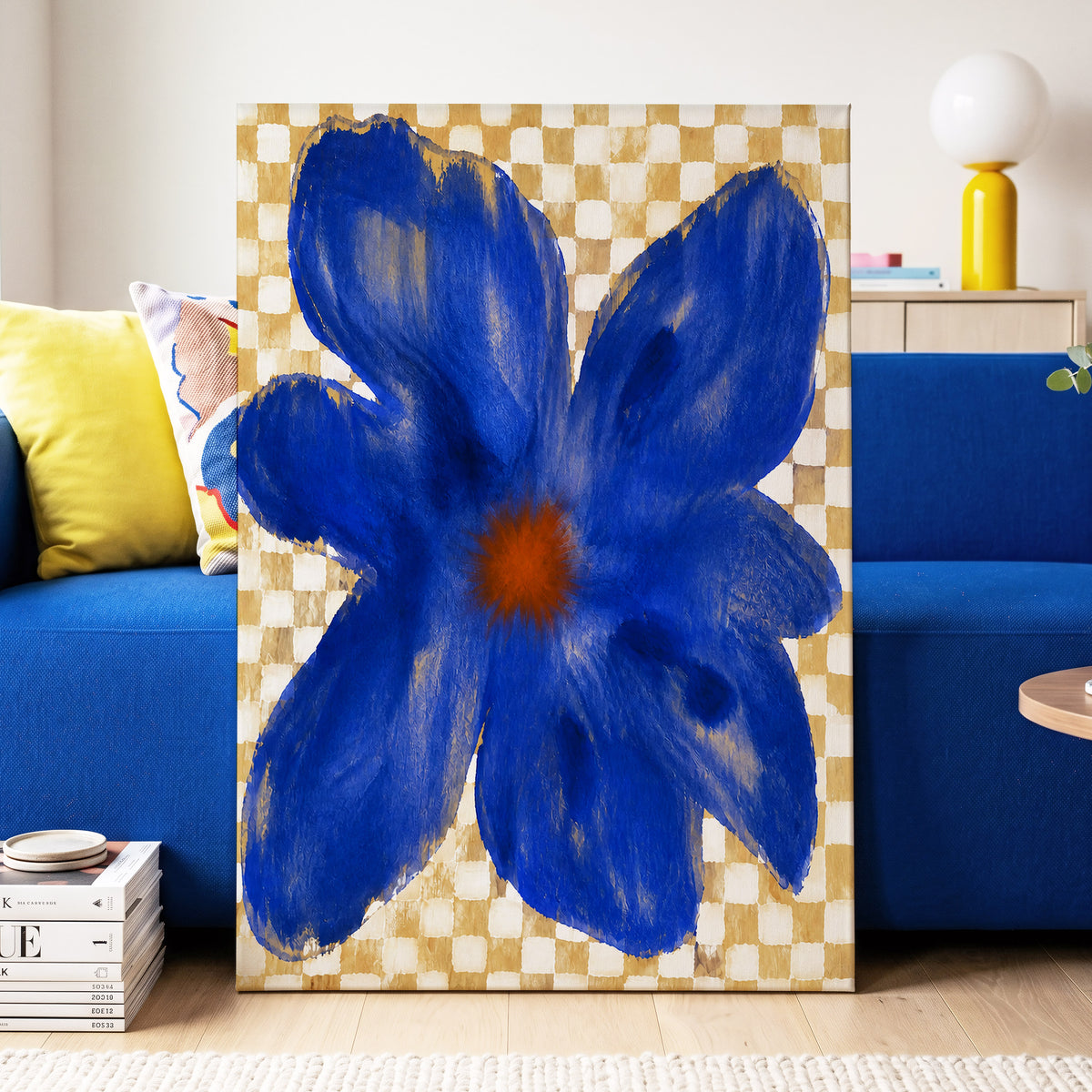 Cobalt Chequer Bloom, blue, beige, white floral wall art displayed in a styled interior, gallery view 3