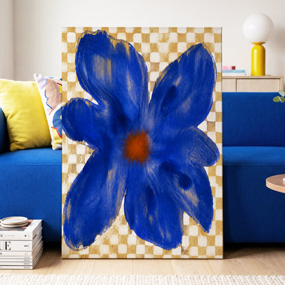 Cobalt Chequer Bloom, blue, beige, white floral wall art displayed in a styled interior, gallery view 3