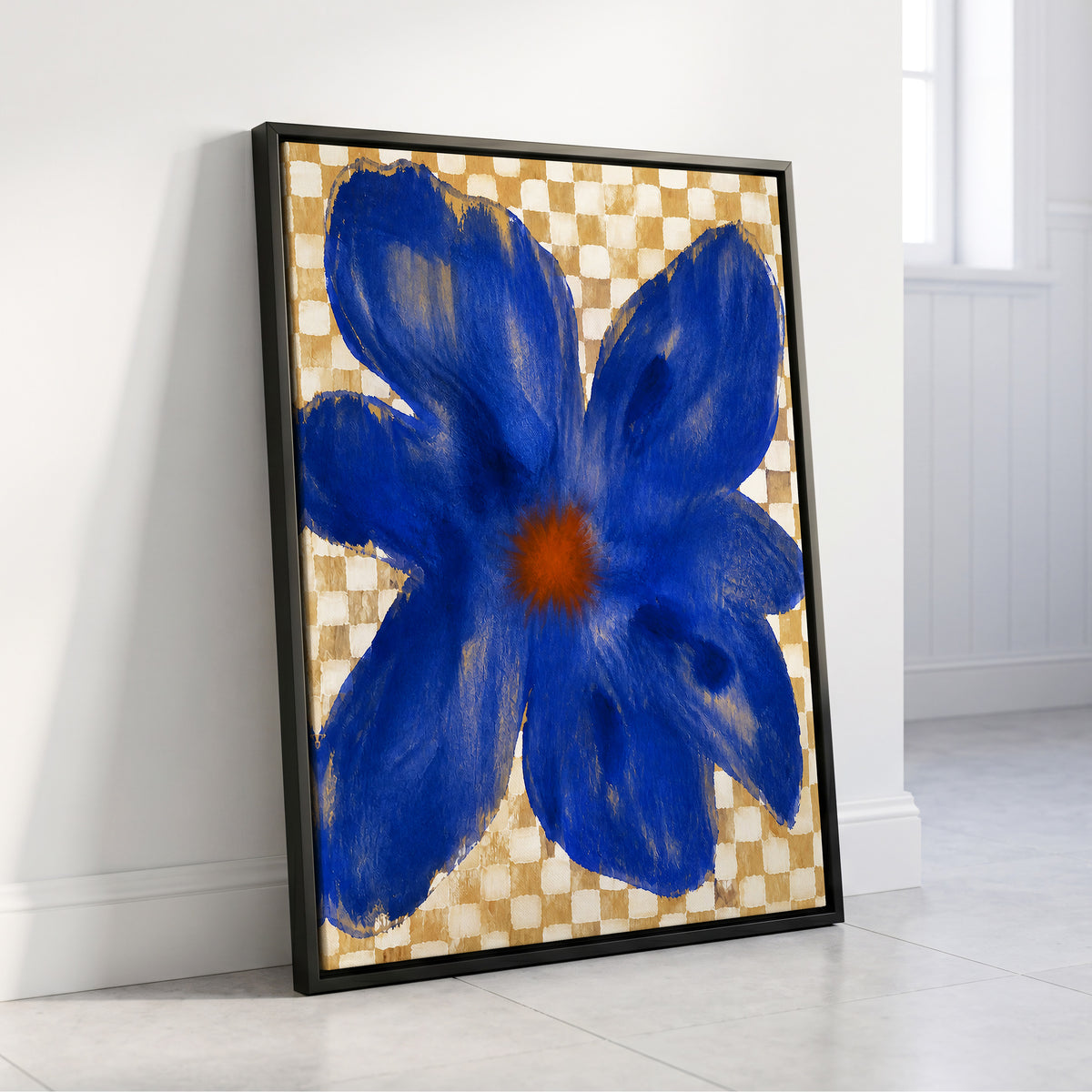 Cobalt Chequer Bloom, blue, beige, white floral wall art displayed in a styled interior, gallery view 4