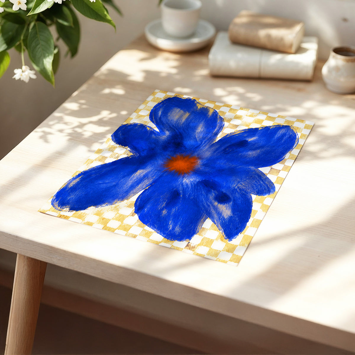 Cobalt Chequer Bloom, blue, beige, white floral wall art displayed in a styled interior, gallery view 5