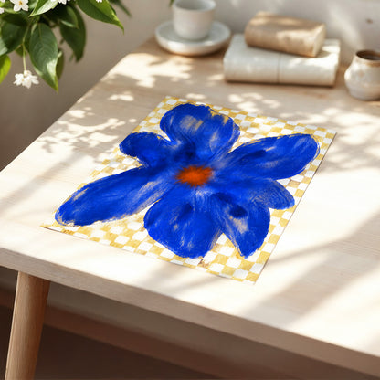 Cobalt Chequer Bloom, blue, beige, white floral wall art displayed in a styled interior, gallery view 5