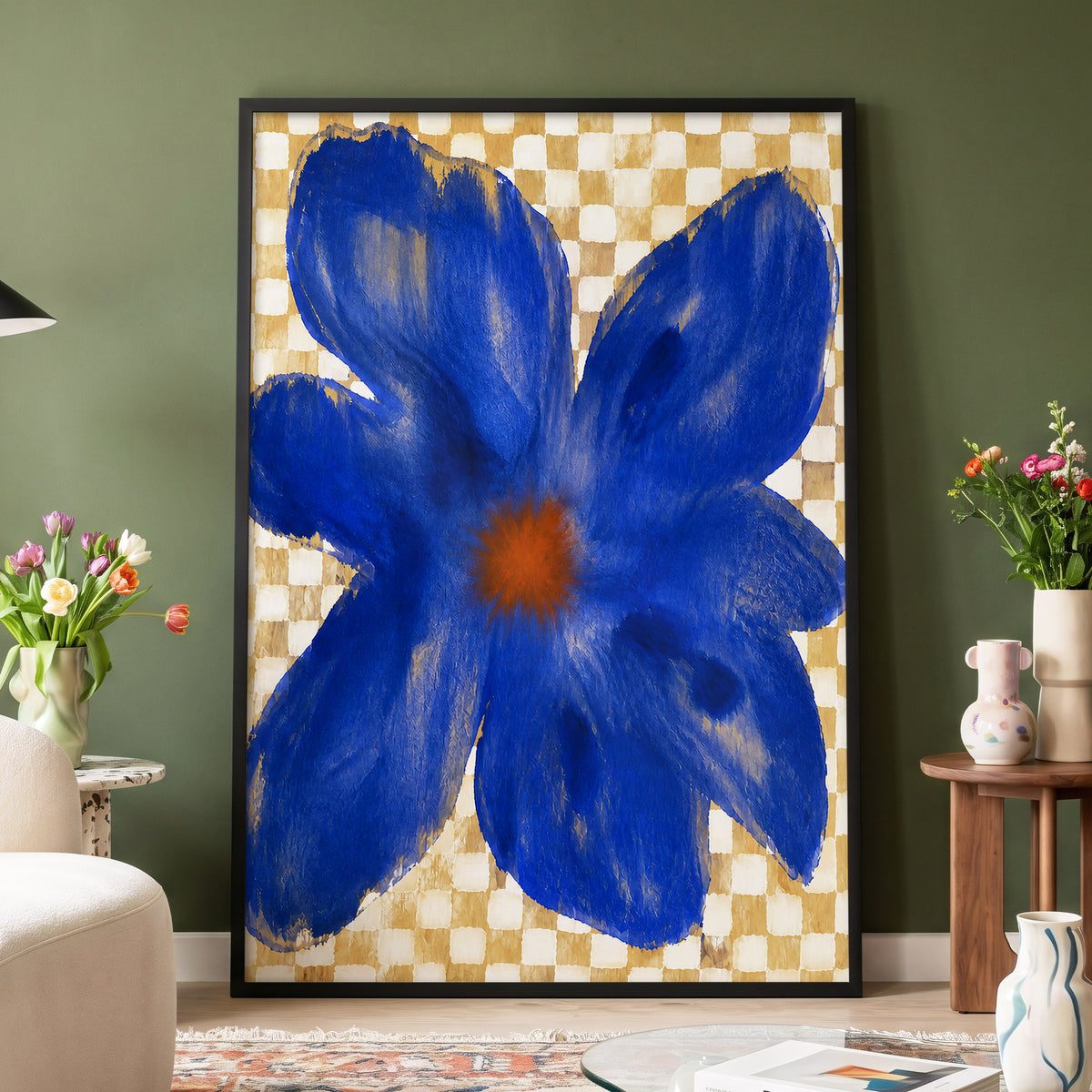 Cobalt Chequer Bloom, blue, beige, white floral wall art displayed in a styled interior, gallery view 6