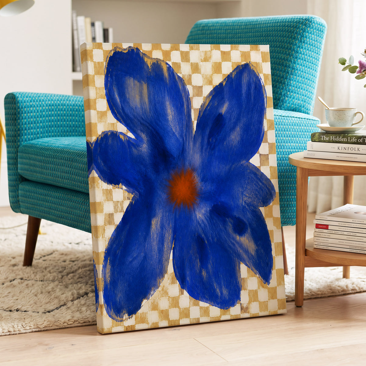 Cobalt Chequer Bloom, blue, beige, white floral wall art displayed in a styled interior, gallery view 7