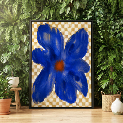 Cobalt Chequer Bloom, blue, beige, white floral wall art displayed in a styled interior, gallery view 8