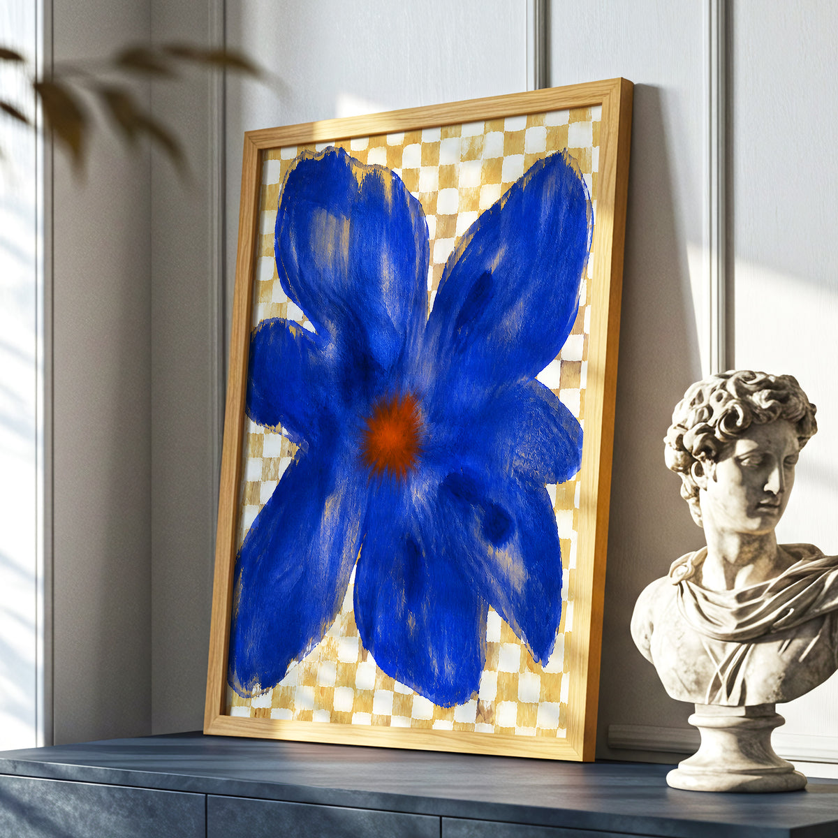 Cobalt Chequer Bloom, blue, beige, white floral wall art displayed in a styled interior, gallery view 9
