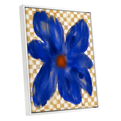 Cobalt Chequer Bloom, blue, beige, white floral wall art shown as a white framed canvas wall art