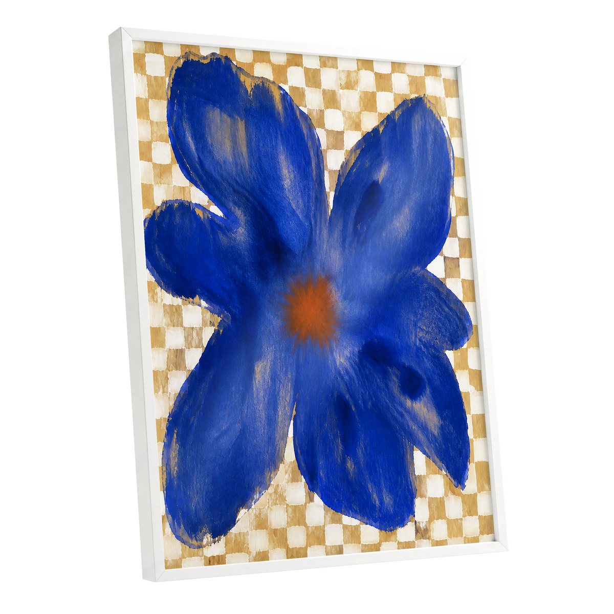 Cobalt Chequer Bloom, blue, beige, white floral wall art shown as a white framed poster wall art print