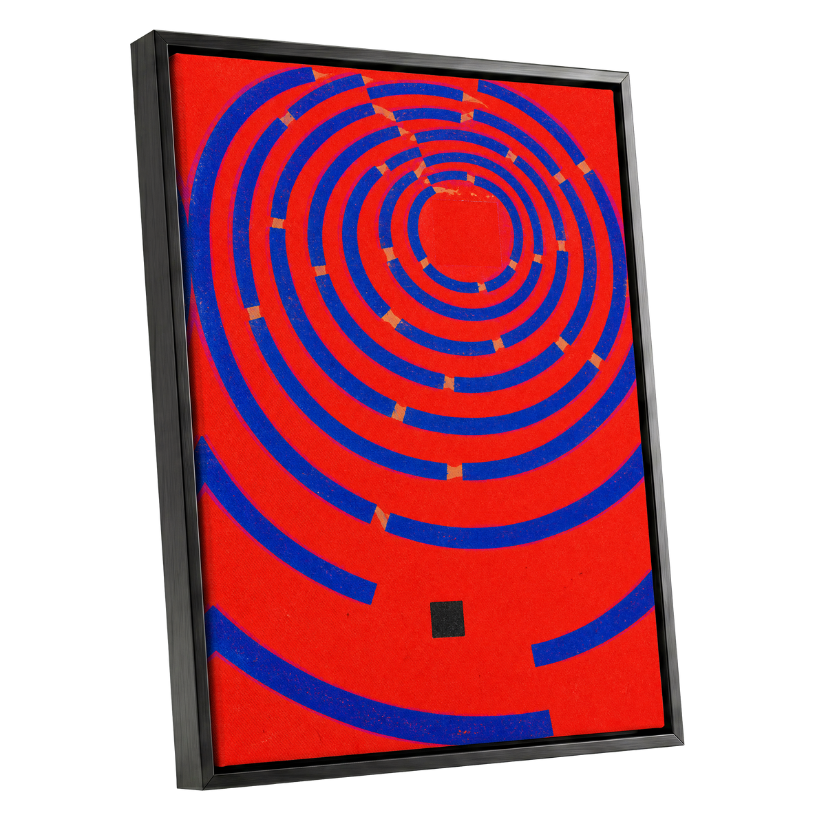 Cobalt Circuit, red, blue, orange abstract wall art shown as a black framed canvas wall art