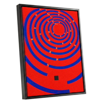 Cobalt Circuit, red, blue, orange abstract wall art shown as a black framed canvas wall art