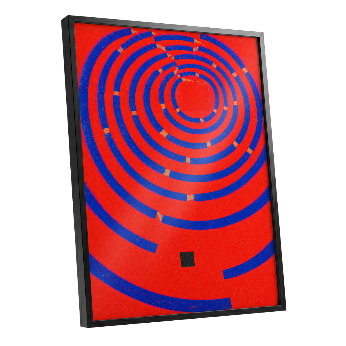 Cobalt Circuit, red, blue, orange abstract wall art shown as a black framed poster wall art print