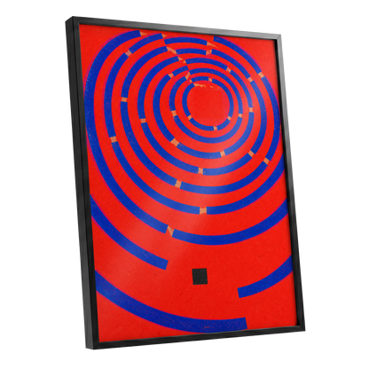 Cobalt Circuit, red, blue, orange abstract wall art shown as a black framed poster wall art print