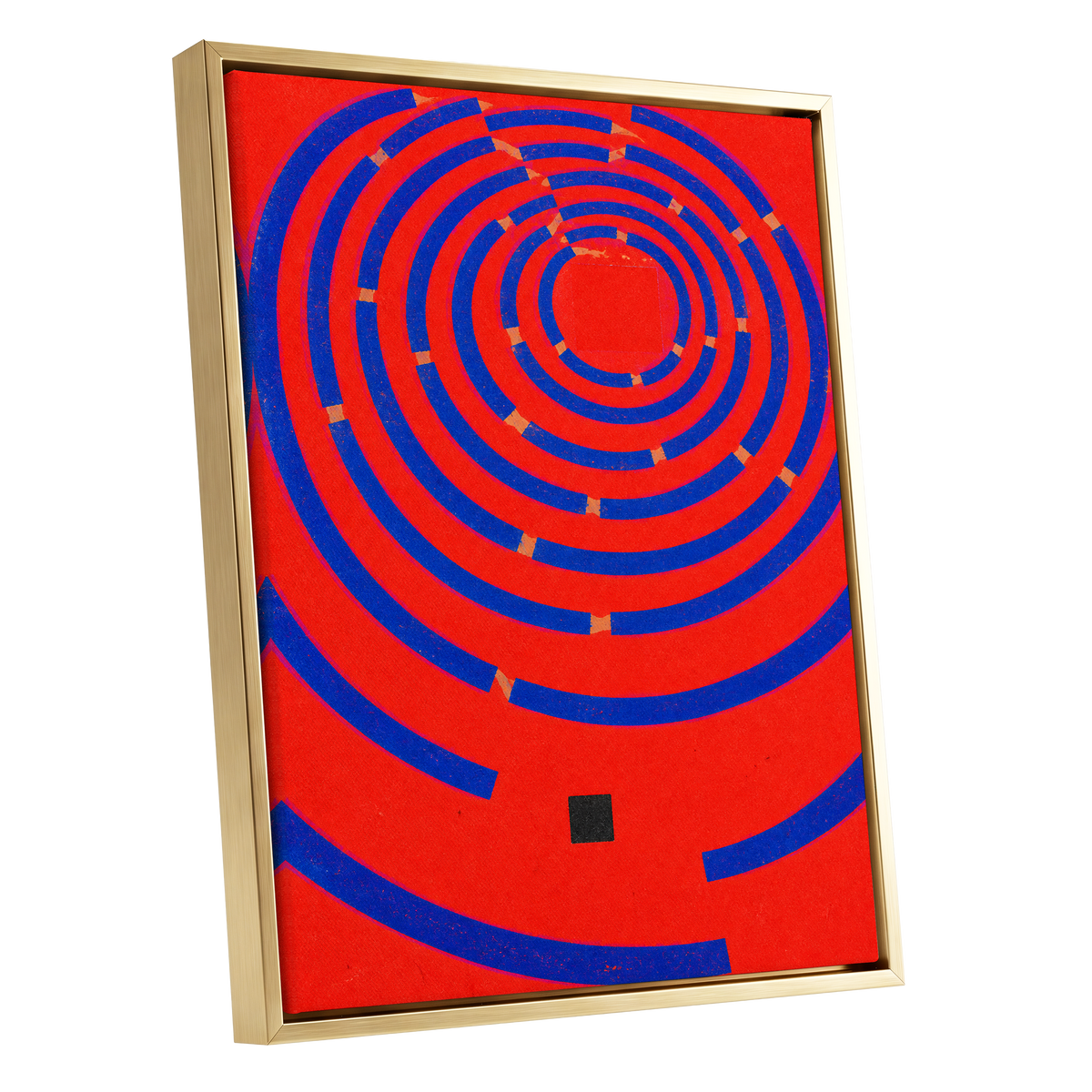 Cobalt Circuit, red, blue, orange abstract wall art shown as a gold framed canvas wall art