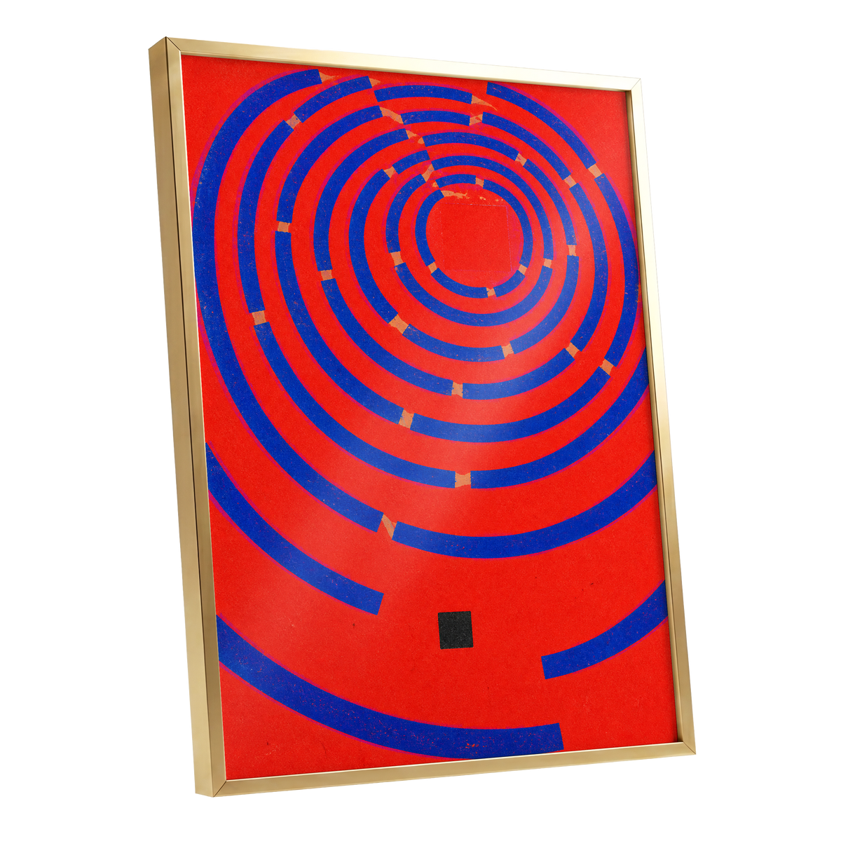 Cobalt Circuit, red, blue, orange abstract wall art shown as a gold framed poster wall art print