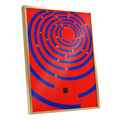 Cobalt Circuit, red, blue, orange abstract wall art shown as a gold framed poster wall art print