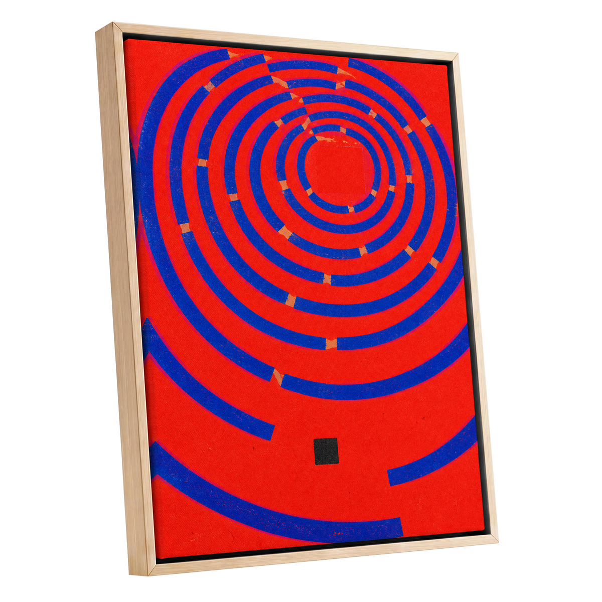 Cobalt Circuit, red, blue, orange abstract wall art shown as a oak framed canvas wall art