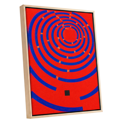 Cobalt Circuit, red, blue, orange abstract wall art shown as a oak framed canvas wall art