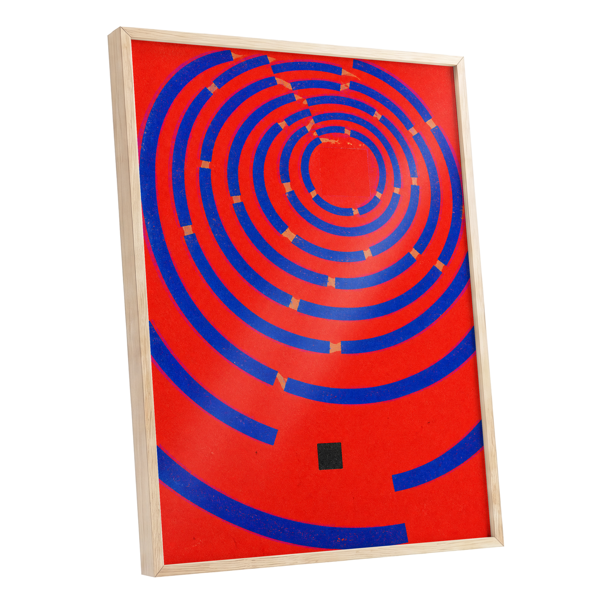 Cobalt Circuit, red, blue, orange abstract wall art shown as a oak framed poster wall art print