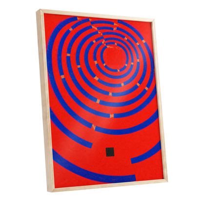 Cobalt Circuit, red, blue, orange abstract wall art shown as a oak framed poster wall art print