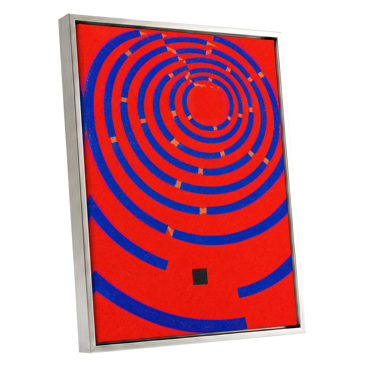 Cobalt Circuit, red, blue, orange abstract wall art shown as a silver framed canvas wall art