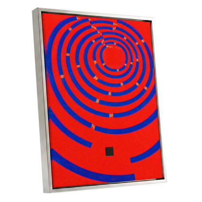 Cobalt Circuit, red, blue, orange abstract wall art shown as a silver framed canvas wall art