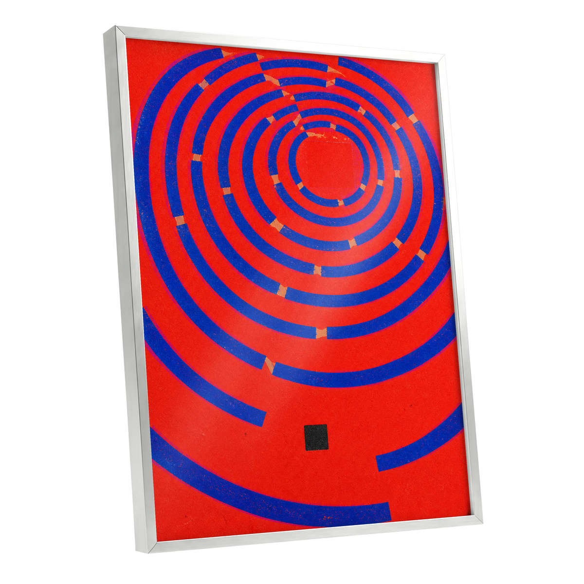 Cobalt Circuit, red, blue, orange abstract wall art shown as a silver framed poster wall art print