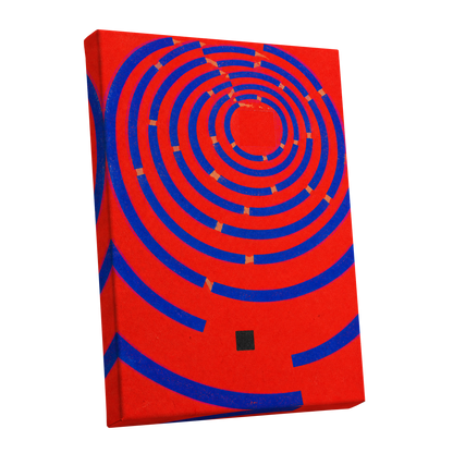 Cobalt Circuit, red, blue, orange abstract wall art shown as a stretched canvas wall art