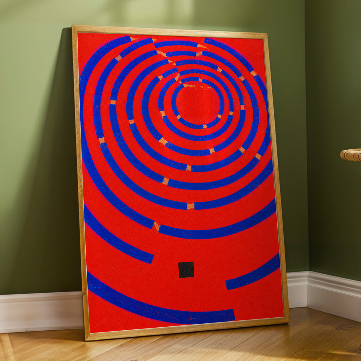 Cobalt Circuit, red, blue, orange abstract wall art displayed in a styled interior, gallery view 2