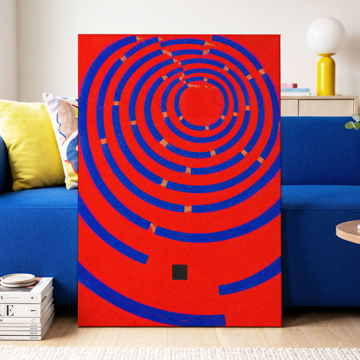 Cobalt Circuit, red, blue, orange abstract wall art displayed in a styled interior, gallery view 3