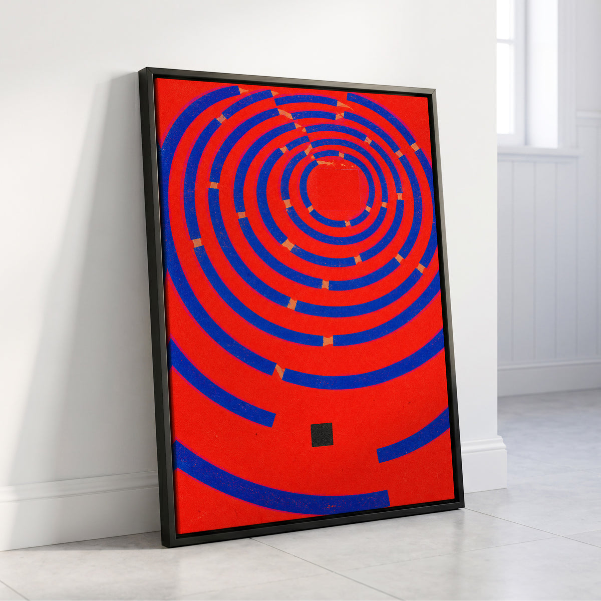 Cobalt Circuit, red, blue, orange abstract wall art displayed in a styled interior, gallery view 4