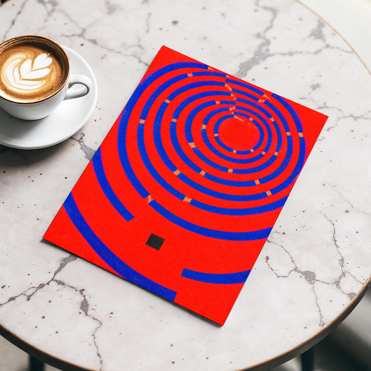 Cobalt Circuit, red, blue, orange abstract wall art displayed in a styled interior, gallery view 5