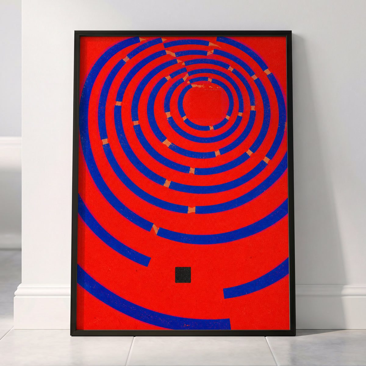 Cobalt Circuit, red, blue, orange abstract wall art displayed in a styled interior, gallery view 6