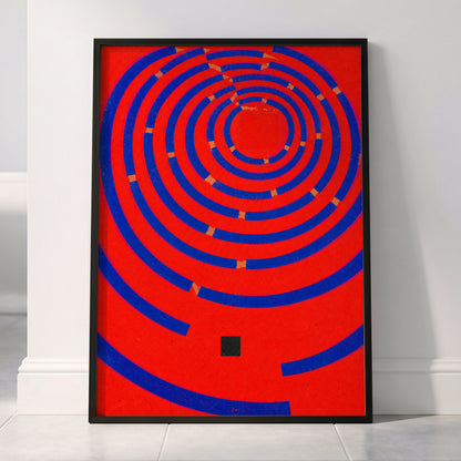 Cobalt Circuit, red, blue, orange abstract wall art displayed in a styled interior, gallery view 6