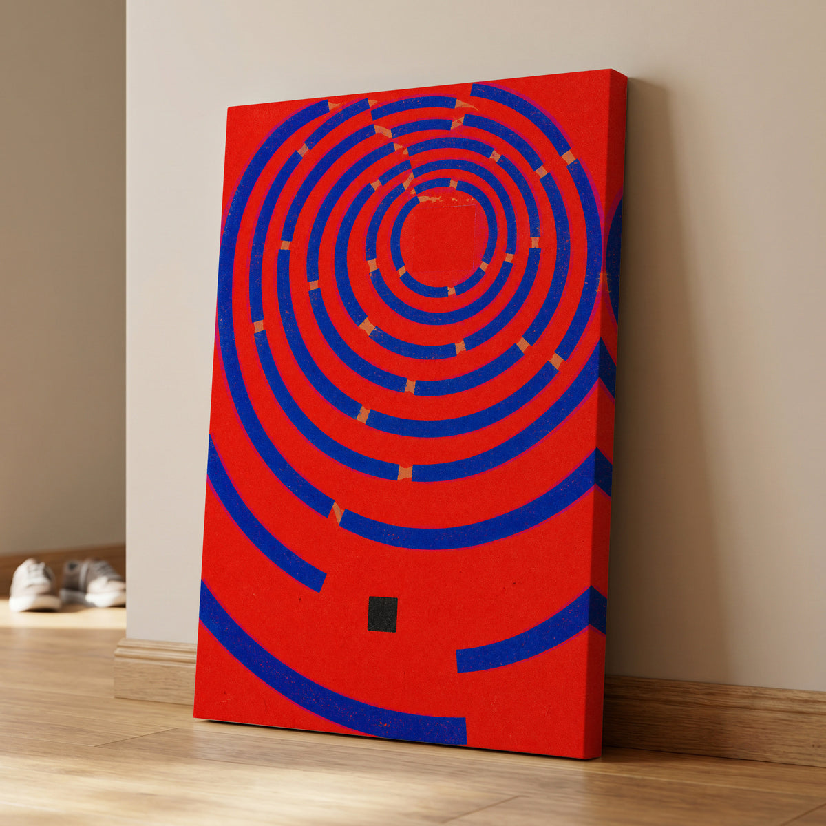 Cobalt Circuit, red, blue, orange abstract wall art displayed in a styled interior, gallery view 7