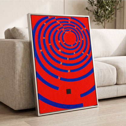 Cobalt Circuit, red, blue, orange abstract wall art displayed in a styled interior, gallery view 8